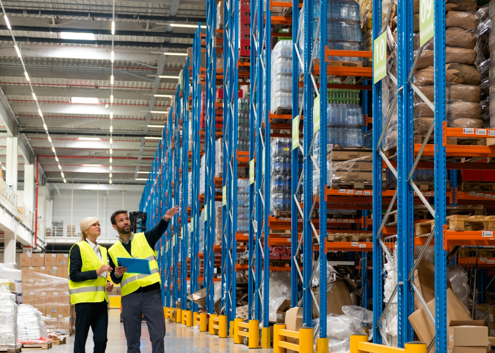 liquidator pointing out excess inventory in a warehouse